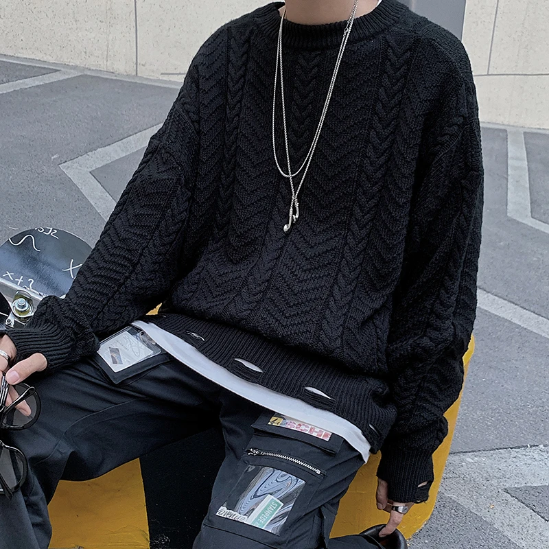 Winter New Hole Sweater Men Warm Fashion Solid Color Casual O-neck Sweater Pullover Man Streetwear Loose Long-sleeved Sweater Winter New Hole Sweater Men Warm Fashion Solid Color Casual O-neck Sweater Pullover Man Streetwear Loose Long-sleeved Sweater