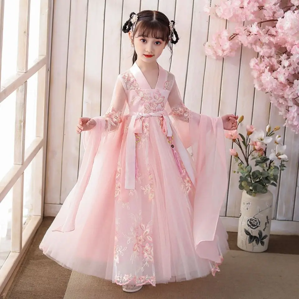 Girls Christmas embroidery gown dress Chinese Folk Children Hanfu Party Princess costume Fairy Cosplay girls dress princess costume