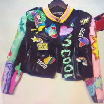 

graffiti rivets beading Women pu Leather Jacket Punk spring autumn fashion Motorcyle leather Coats