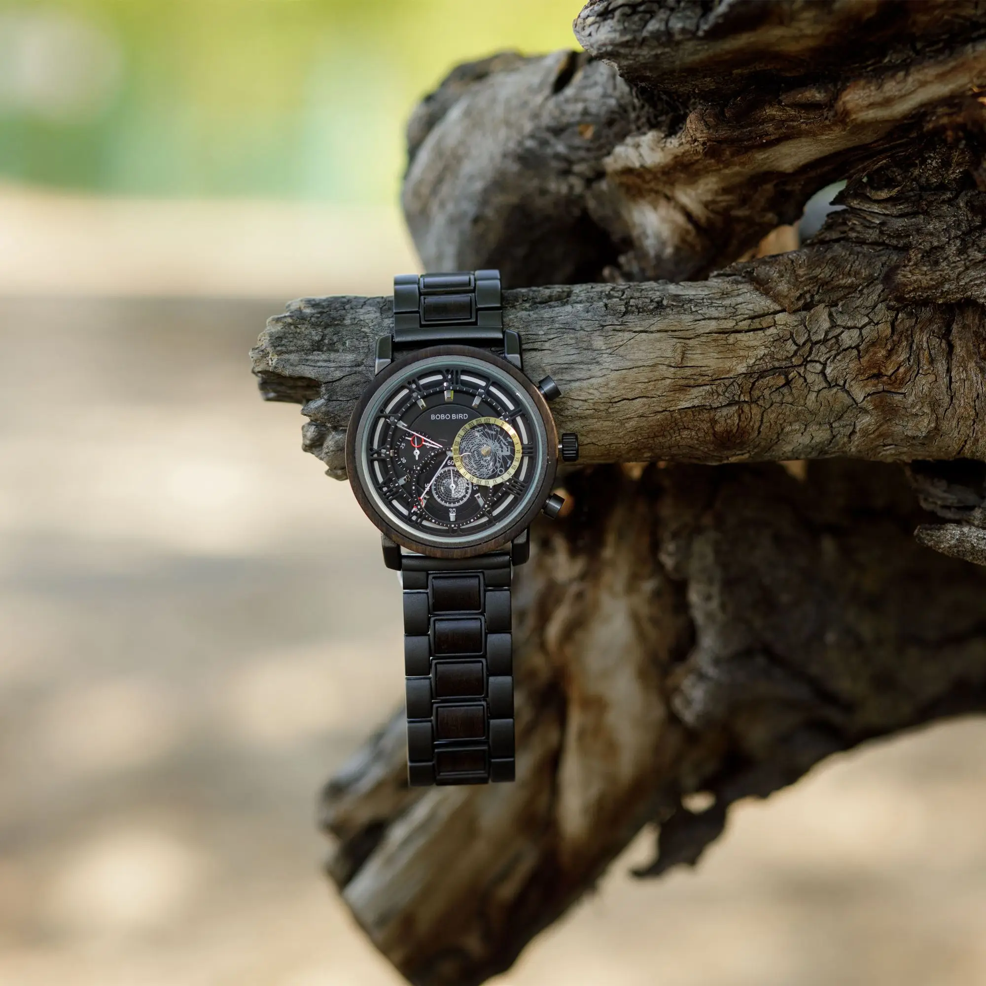 BOBO BIRD – montre-bracelet en bois pour hommes, Design creux tridimensionnel, style militaire, étanche, mouvement japonais, double chronomètre 4
