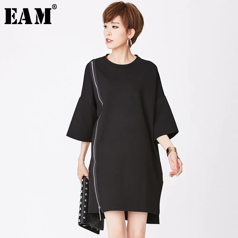 

[EAM] 2020 New Spring Autumn Round Neck Long Sleeve Black Zipper Split Joint Loos Big Size Dress Women Fashion Tide JO123