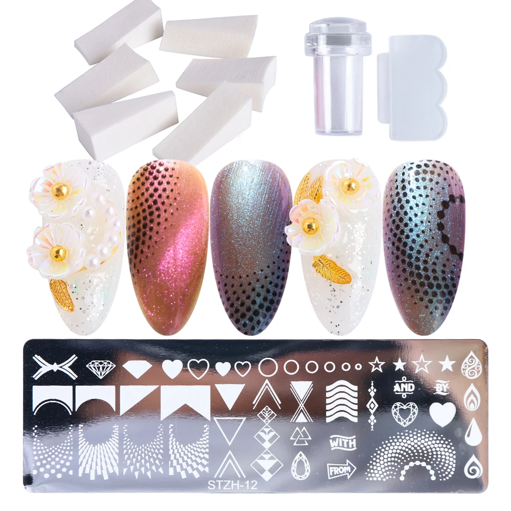 1 Набор для штамповки ногтей пластины кружева животные цветок DIY Дизайн ногтей шаблоны с штампом скребок губка Маникюрный Инструмент SASTZH01-12-2 - Цвет: STZH-12 Set