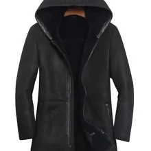 Новинка, Мужские Толстые Куртки из натуральной кожи, меховые куртки из овчины, мужские кожаные куртки с капюшоном, Черные Кожаные Куртки из натуральной кожи