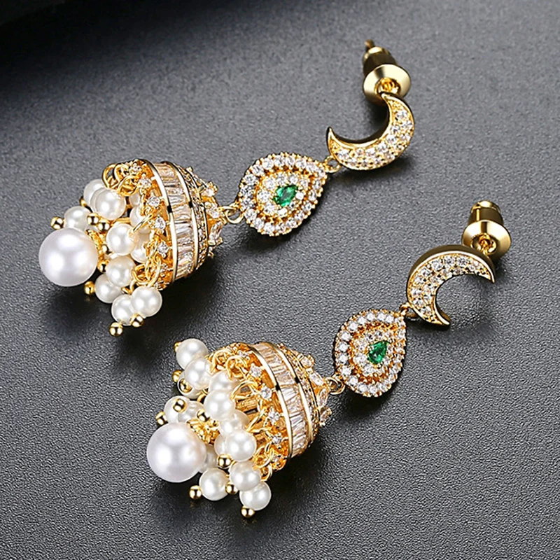 AAA циркониевые серьги женские индийские Jhumka Jhumki Роскошные бусины висячие серьги-колокольчики Свадебные вечерние Этническая Цыганская племенная бижутерия