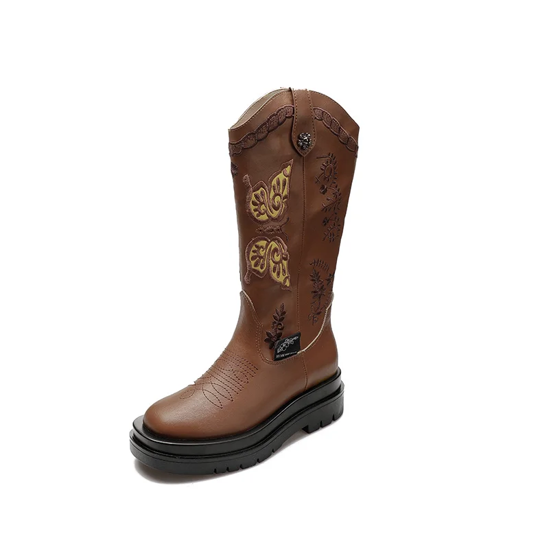 Botas vaqueras de manga bordada para mujer, botines de estilo occidental  con punta redonda y boca en V, parte inferior gruesa, Retro, combina con  todo|Botas a media pantorrilla| - AliExpress