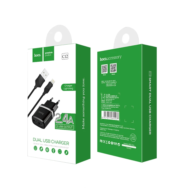 HOCO C12, 10 шт./лот,, 5 В, 2,4 А, USB зарядное устройство для iPhone 11 Xs Max, евро вилка, настенное зарядное устройство, адаптер для samsung, Xiaomi, huawei