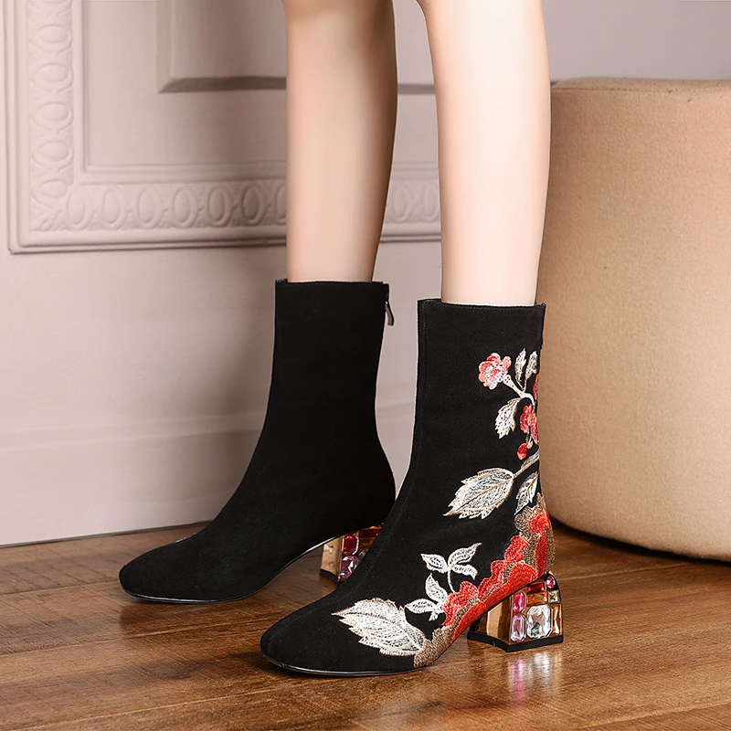 

US4-11 Womens Round Toe Suede Leather Embroidery Floral Ankle Boots Strange Rhinestones Crystal Heel Shoes Black Plus Size A1868