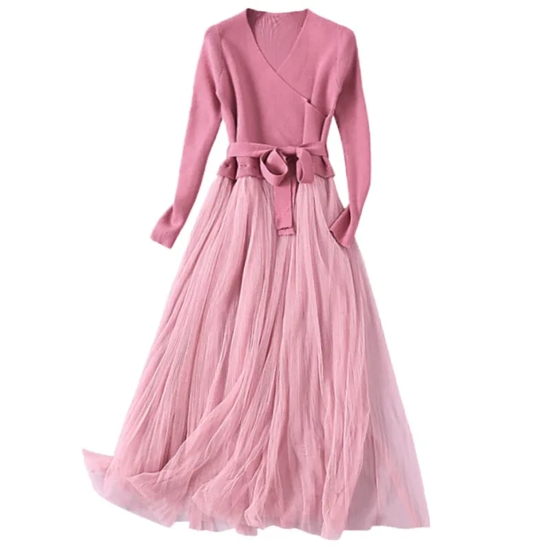 

2019 New Autumn Women Long dress Full Sleeve Patchwork Knitting Mesh Sweater Base Dresses Pink 5311