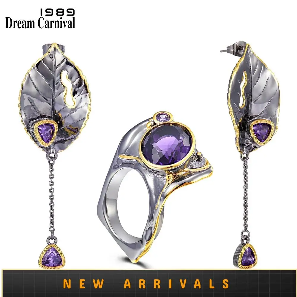 

DreamCarnival1989 New Arrived Exaggerated Gothic Ring Earrings Set Women Party Must Have Purple Zirconia Unique Jewels ER11775S2