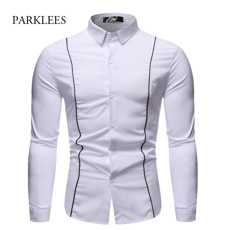 Camisas para hombre con líneas de contraste a la 2019 otoño básica informal de manga larga ajustada para hombres, camisa para gimnasio, Chemise Homme 2XL| | - AliExpress