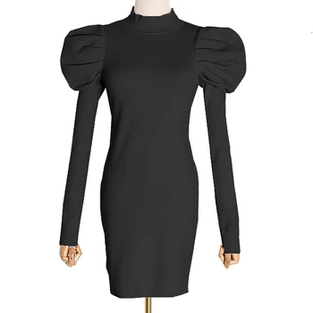 

SeeBeautiful New Fashion 2020 Autumn Simple Stand Collar Big Hubble-bubble Sleeve Waist Package Hip Knitting Dress Woman Q711