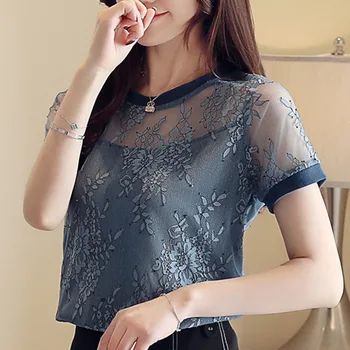 

2019 New Summer Ladies Lace Bottoming Shirt Female Short-sleeved Wild Small Shirt Temperament Hollow Clothes Women Tops