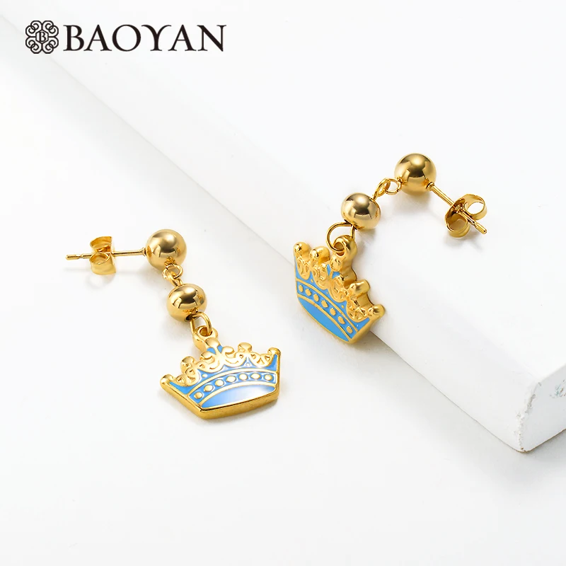 SSEGG142-14561 Baoyan модные эмалированные висячие серьги с золотым покрытием серьги из нержавеющей стали сова Клевер Хамса корона Сердце цветок серьги для женщин - Окраска металла: SSEGG142-14561