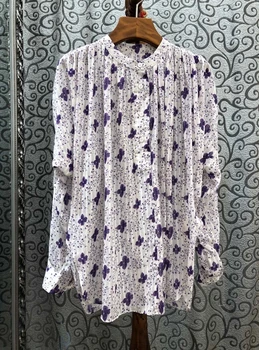 

2020 Spring and Summer New Women's Crew Neck Button Decorative Small Floral Print Long-Sleeve Wild Top 418