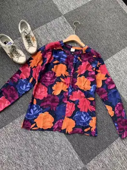 

Women Shirt 2019 New Retro Peony Print Fashion Wild Slim Shirt