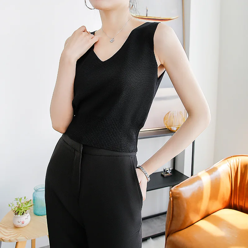 Summer and Autumn 2020 Simple Sexy V-neck Sleeveless Off Shoulder Knitted Vest Elastic Single Wear Solid T-shirt