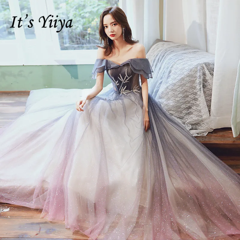 

Evening Dresses Long It's Yiiya AR201 Gradient Gray Ruched Formal Gowns Boat Neck Ruffles Robe De Soiree Tulle Evening Dress