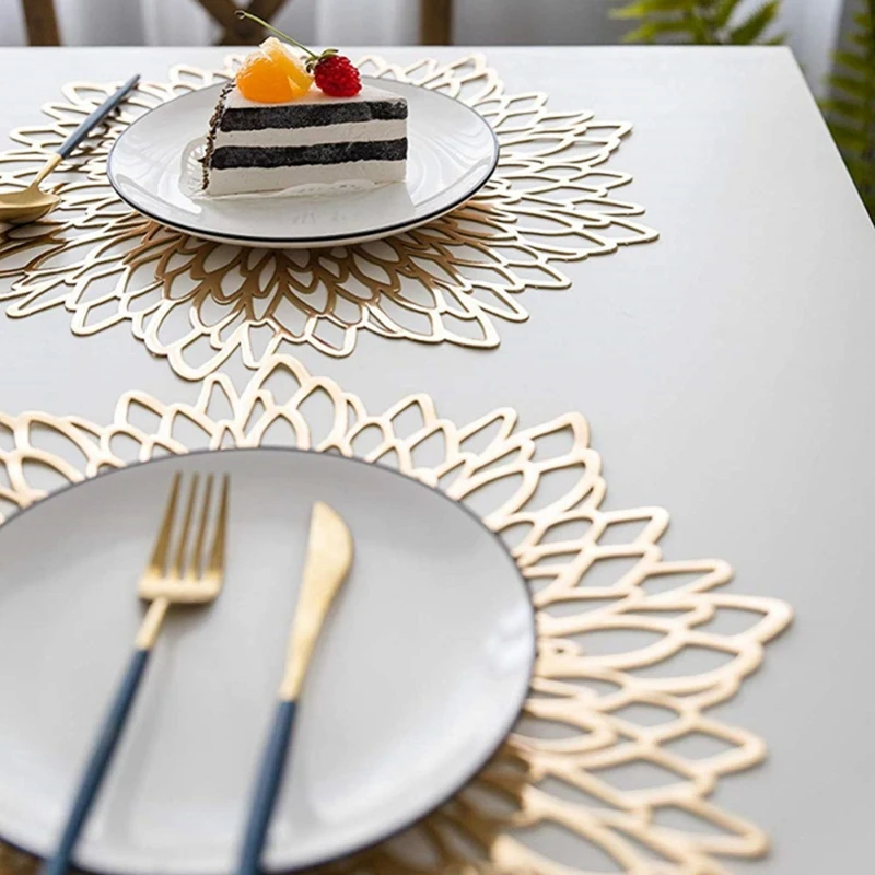 6PCS PVC Placemat for Dining Table Hollow Pad Coaster Pads Table Bowl Mats Gold