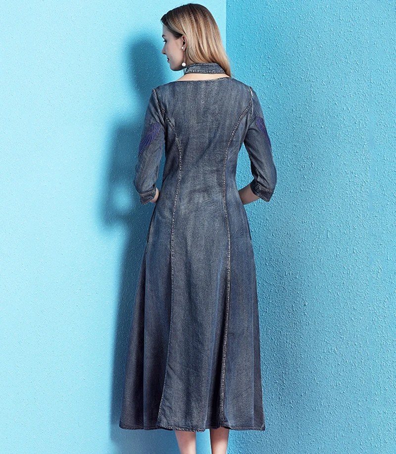 TEELYNN джинсовые платья для женщин cheongsam платья синий хлопок Феникс Цветочная вышивка бохо платье осень цыганские платья vestidos