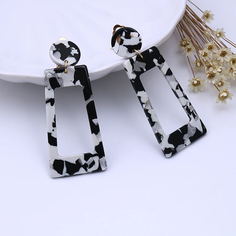Модная черепаховая цветная клипса серьги Леопардовый цвет, акриловый длинный геометрический Квадратный Круг без пирсинга клипсы для ушей для женщин - Окраска металла: black-white