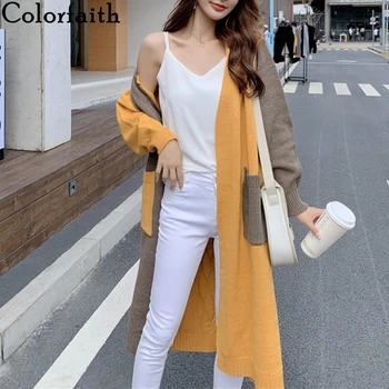

Colorfaith New 2020 Women's Sweaters Autumn Winter Oversize Fashionable Pockets Long Cardigans Patchwork Knitwear Tops SWC9072