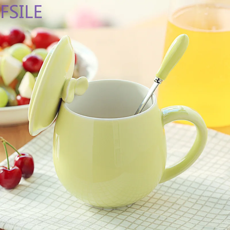 Fsile Creative Small Fresh Heat-resistant Mug 380ml Cup with Lid Milk Coffee Ceramic Cup Couple Cup Office Drinking Cup Gift