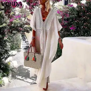 

Summer Dress Women Vintage 3/4 Sleeve Party Long Dress Plus Size VONDA 2020 Bohemian Vestidos Deep V-Neck Holiday Sundress S-5XL
