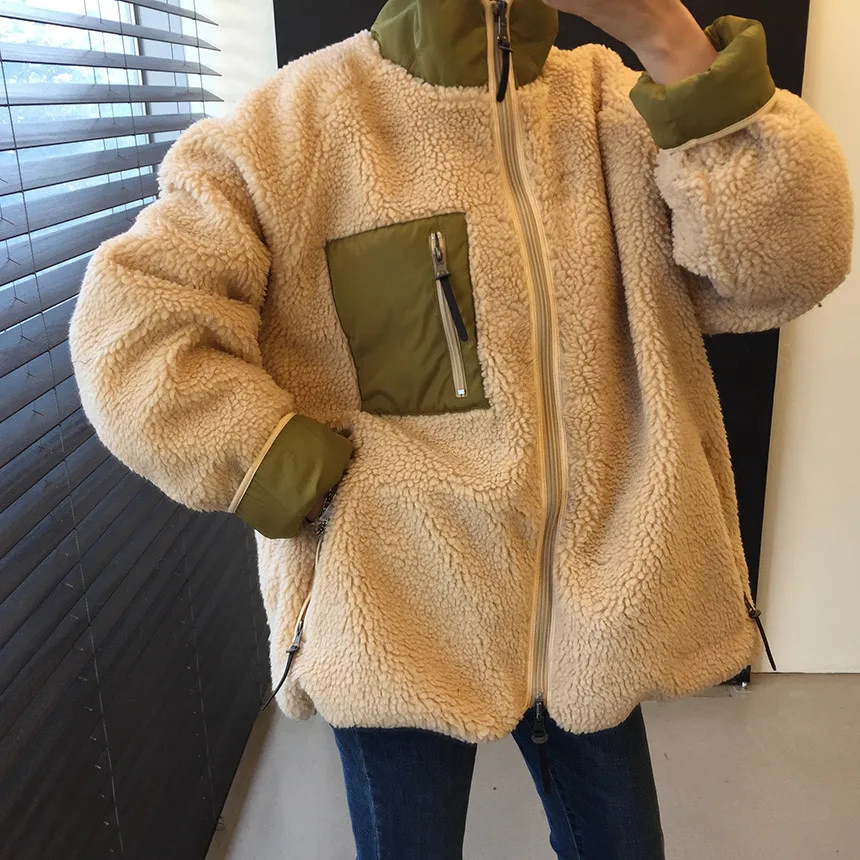 

2020 Brand New Autumn Winter Lamb Wool Fur Jacket Turn-down Collar Double Sided Streetwear Vintage Zipper Patchwork Jacket Coat