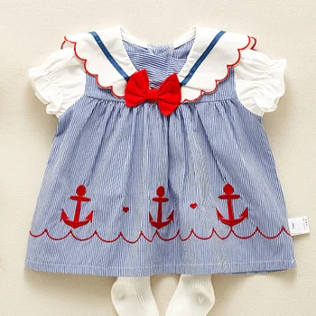 

2020 summer cute Dress striped sailor collar Dress baby Girls puff sleeve bow for kids princess dress