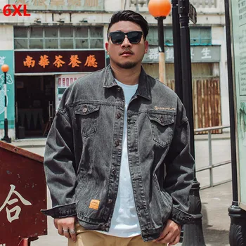 

Tide brand large size men's black gray denim jacket big size male fat casual jacket pocket fashion