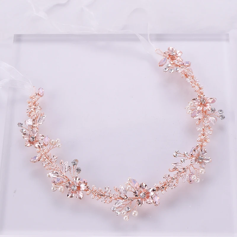

Rose Gold Crystal Pearl Hair Ornaments Headband Flower Bridal Handmade Tiara Hair Jewelry woman Wedding Headpiece Jewelry Party
