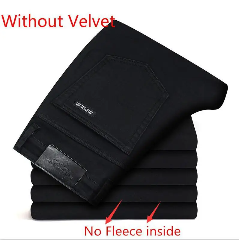 NO Fleece Jeans Новинка, брюки из серого флиса, Мужская одежда, черные эластичные теплые облегающие зимние джинсы, деловые с бархатом или без, 2 модели джинсов - Цвет: NO Fleece Jeans