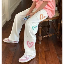 Jean Baggy blanc pour femme, Streetwear coréen, lettres brodées, poches, pantalon Cargo, jambes larges, mode automne 2021 