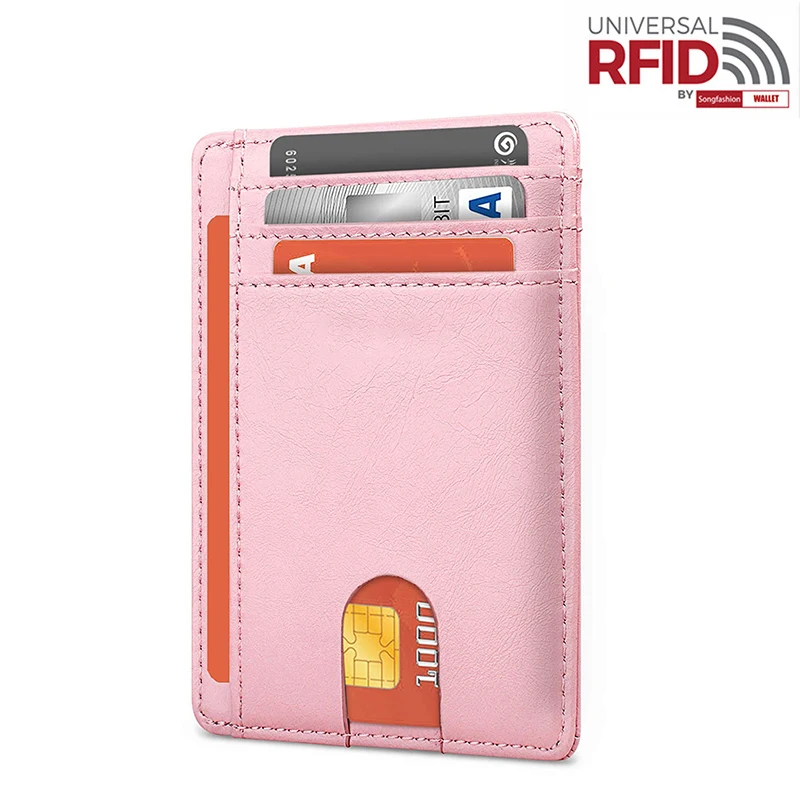 Розовый Ретро мужской кошелек, противоугонная кисть, RFID Кошелек для монет, яловая кожа, Открытый Тонкий клатч, много слотов для карт, кредитный держатель для карт - Цвет: Розовый