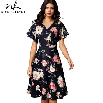 

Nice-forever Spring Elegant Floral with Ruffle Sleeve vestidos Business Party A-Line Women Flare Dress A193