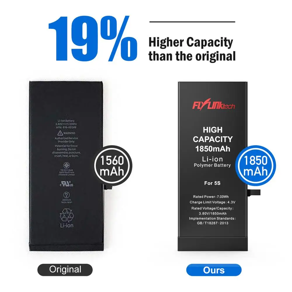 Flylinktech для iPhone 5 5S, аккумулятор, 1850 мА/ч, высокая емкость, сменные батареи для iPhone 5S, с бесплатными инструментами для ремонта