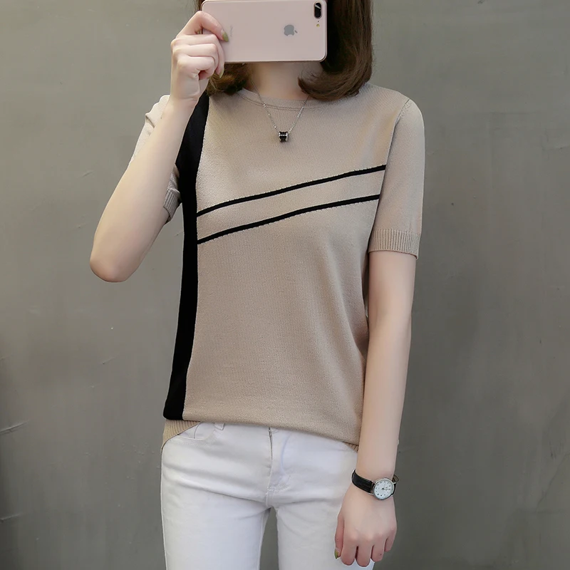 

2020 Spring Summer Knit Short Sleeve Striped Thin T-shirts Girls Knit Stretch Daily Sweater Pullovers Tees Basic Tops for Female