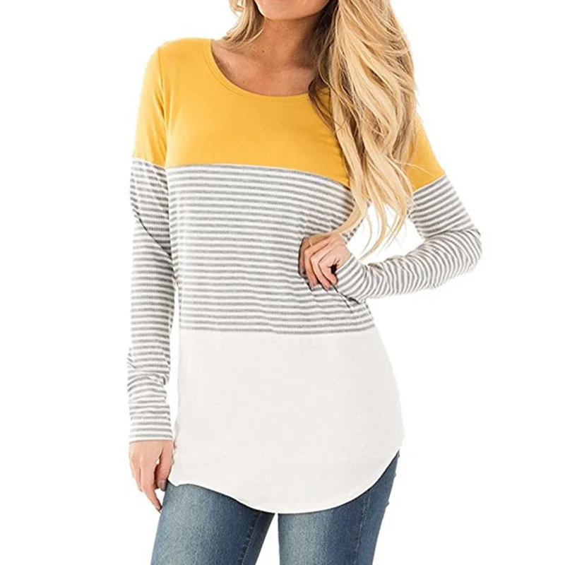

NORMOV Casual Women Tees O Neck Long Sleeve Striped Print Patchwork Polyester Tops Spring Autumn Loose Tees Plus Size