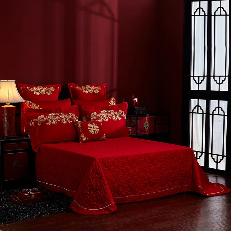 Роскошный красный хлопок Золотой Феникс Лун Роза вышивка китайский набор свадебного постельного белья пододеяльник простыня-покрывало наволочка