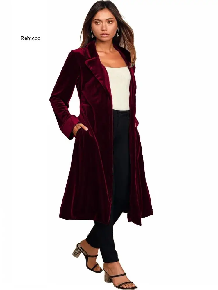 Women's Winter New Style Gold Velvet Long Windbreaker Cardigan Jacket Solid Color Long Sleeves