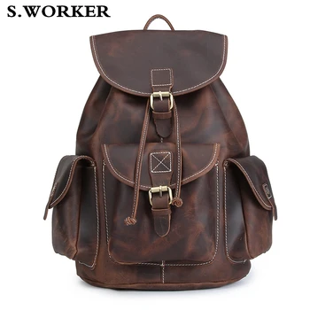 

Men Vintage Crazy Horse Leather Backpack Unisex Cow Leather 14" Laptop Rucksack Thick Genuine Leather School Casual Weekend Bag