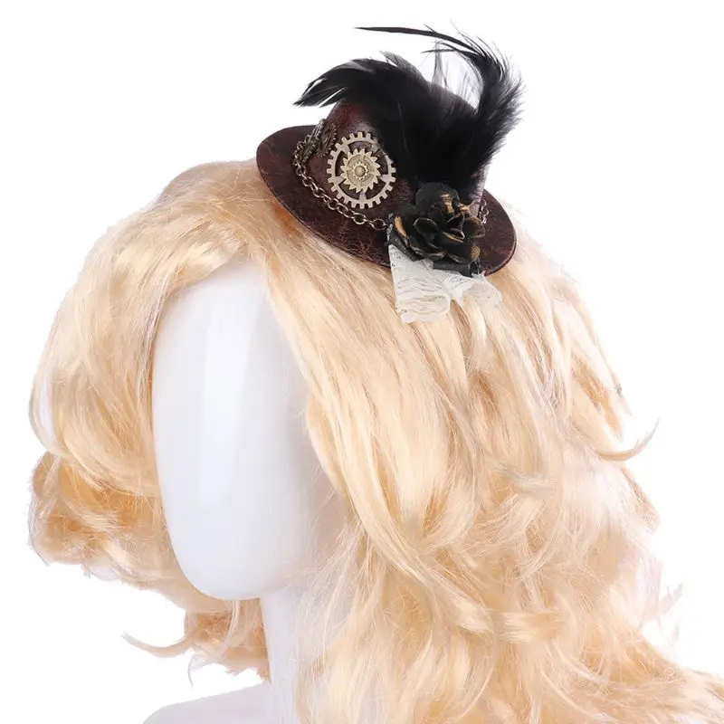 

Women Halloween Gothic Mini Top Hat Steampunk Gears Chain Feather Flower Fascinator Hair Clip Victorian Cosplay Costume