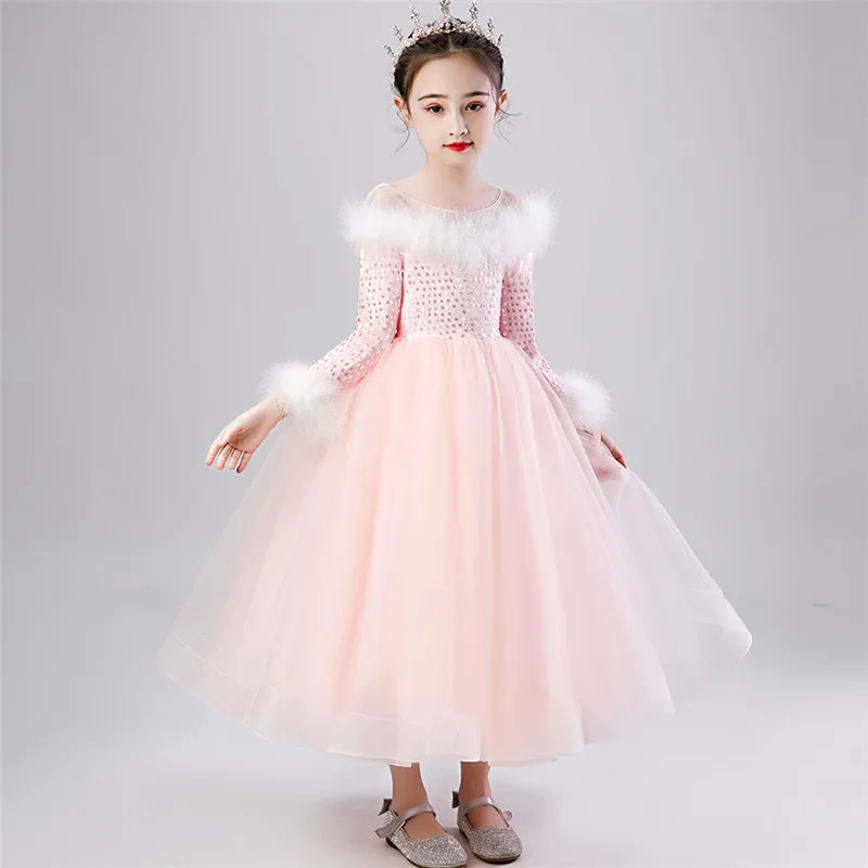 pink long dress Г. Осень-зима, элегантное Новое плотное теплое детское милое Розовое Бальное Платье принцессы на день рождения, свадьбу, вечеринку, пышное платье, одежда - Цвет: pink long dress