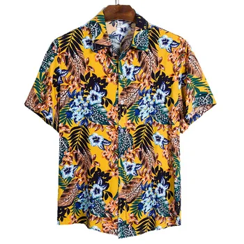 

2020 Men Hawaiian Wild Shirts Tropical print Button Blouse Tops New Fashion male Beachwears Casual Short-sleeve Slim Camicia