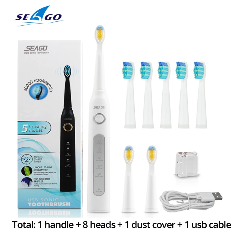 Seago ультра звуковая электрическая зубная щетка sonic Wave чистая USB перезаряжаемая зубная щетка с сменными головками 1 ручка 8 головок - Цвет: White