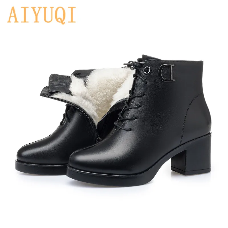 AIYUQI/женские ботинки Натуральная кожа Зимние теплые женские черного цвета