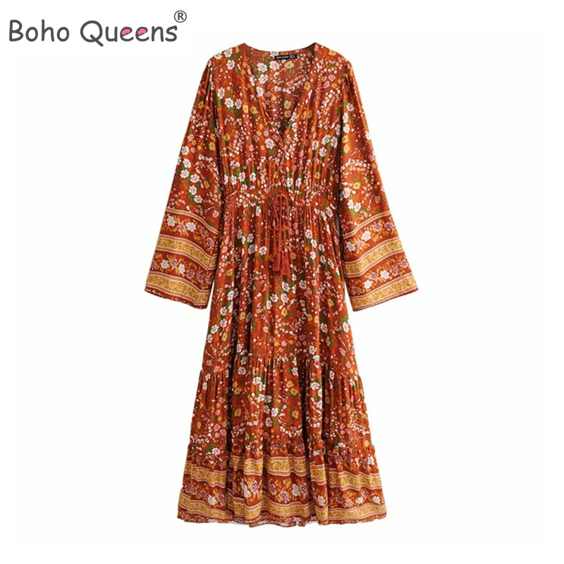 Boho королев для женщин с цветочным принтом Длинные рукава кисточками пляжное