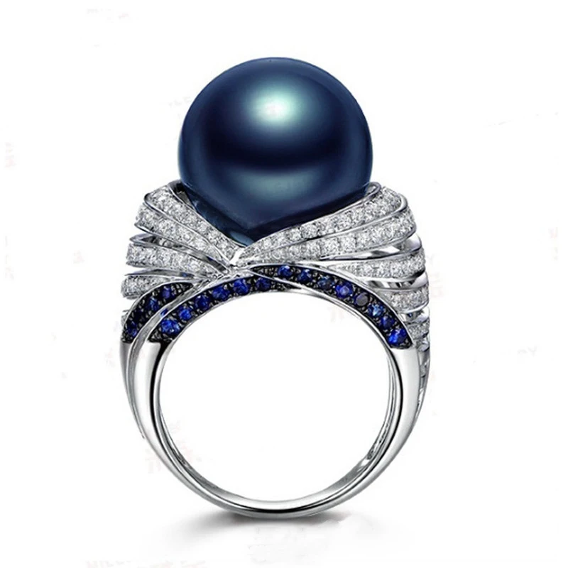 

Fashion Blue Imitation Pearl Rings Large Synthetic Pearl Hollow Out Vintage Zirconia Ring for Woman Girls Birthday Party Gifts