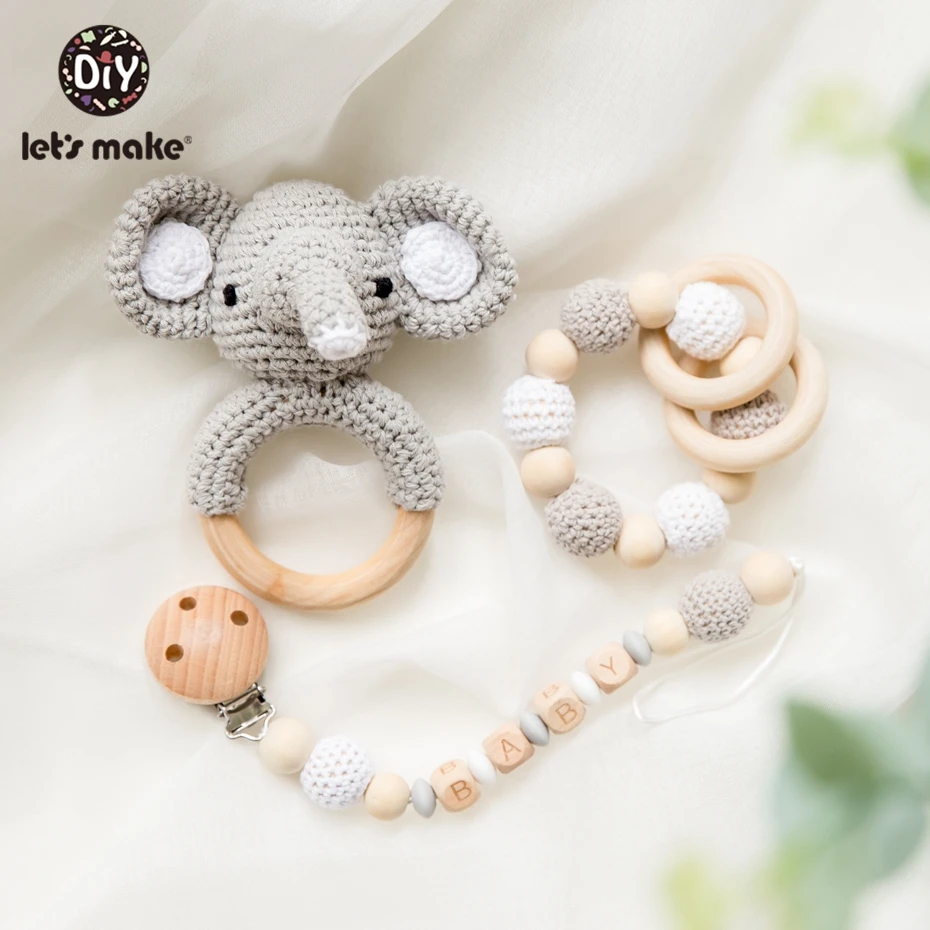 Let's Make Food Grade Silicone Wooden Teether Baby Pacifier Chain Pram Crib DIY Customized Soother Baby Teether Rattle Set Toys