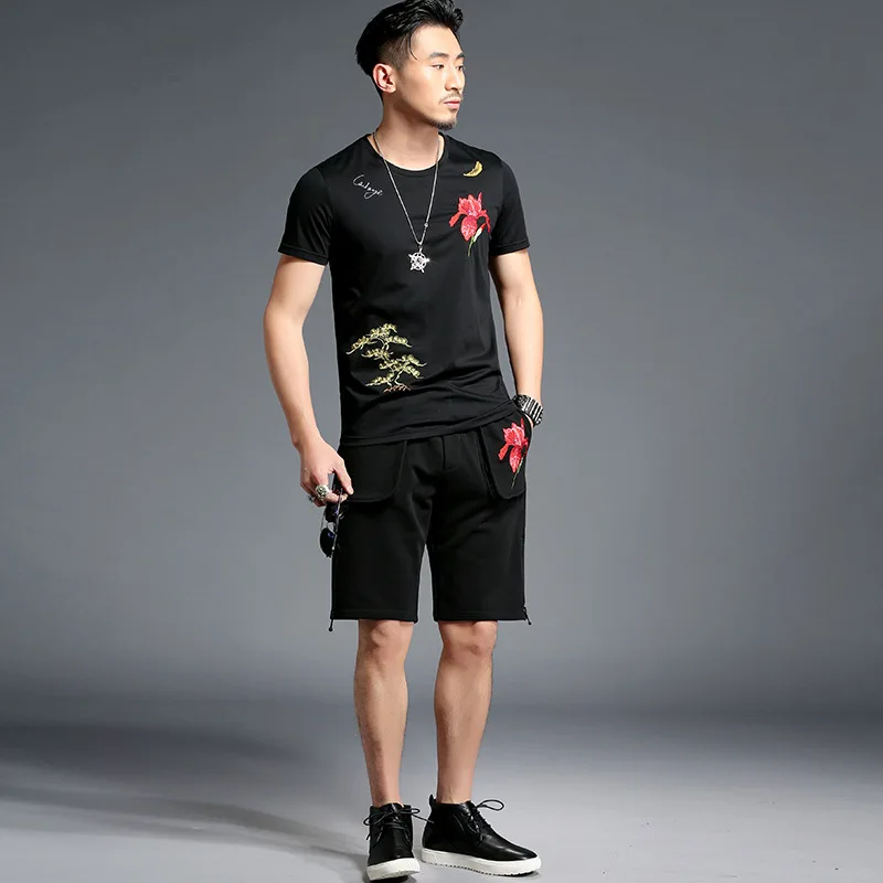 

Tao bai ye MEN'S Suit Chinese-style Mercerized Cotton Embroidered Short Sleeve T-shirt Shorts Two-Piece Set T15013/K5013